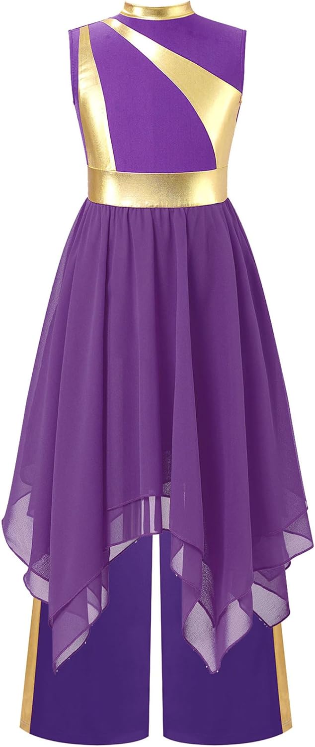 Kids Girls Liturgical Praise Dance Dress Metallic Gold Overlay Worship Tunic with Palazzo Pants Set Dancewear Purple 8 Years