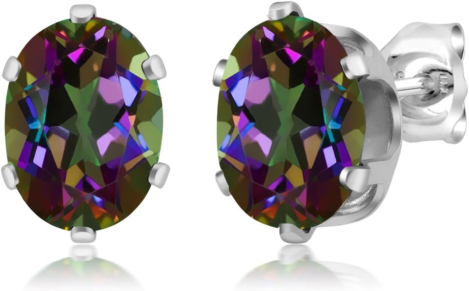 Gem Stone King 2.90 Cttw Green Mystic Topaz Stud Earrings For Women Men | 925 Sterling Silver | Gemstone Birthstone | Oval 8X6MM