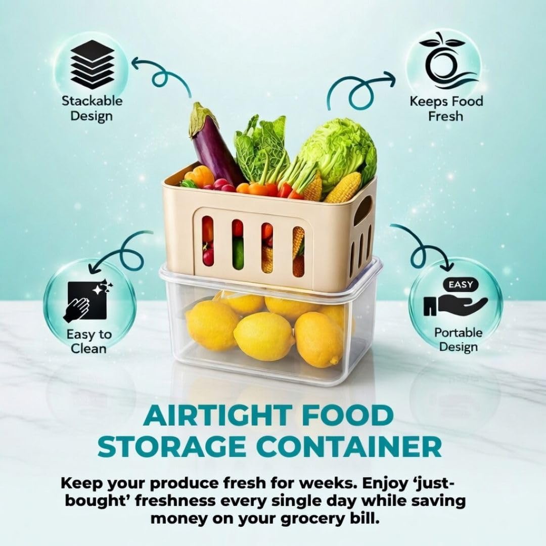 FreshLock - Juego de 5 recipientes de almacenamiento para nevera, herméticos, a prueba de fugas y aptos para microondas con colador extraíble, ideal para almacenamiento de frutas, verduras y