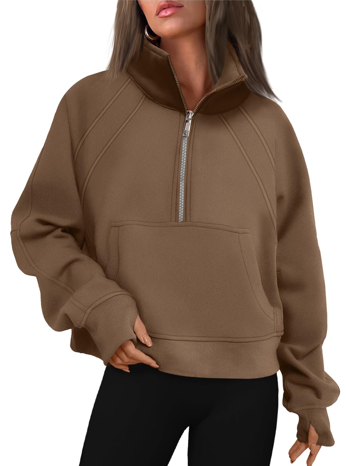 WYNNQUE Womens Quarter Zipper Pullover Oversized Sweatshirts Cropped Fleece Half Zip Hoodies Fall Clothes Sweaters Thumb Hole Khaki S