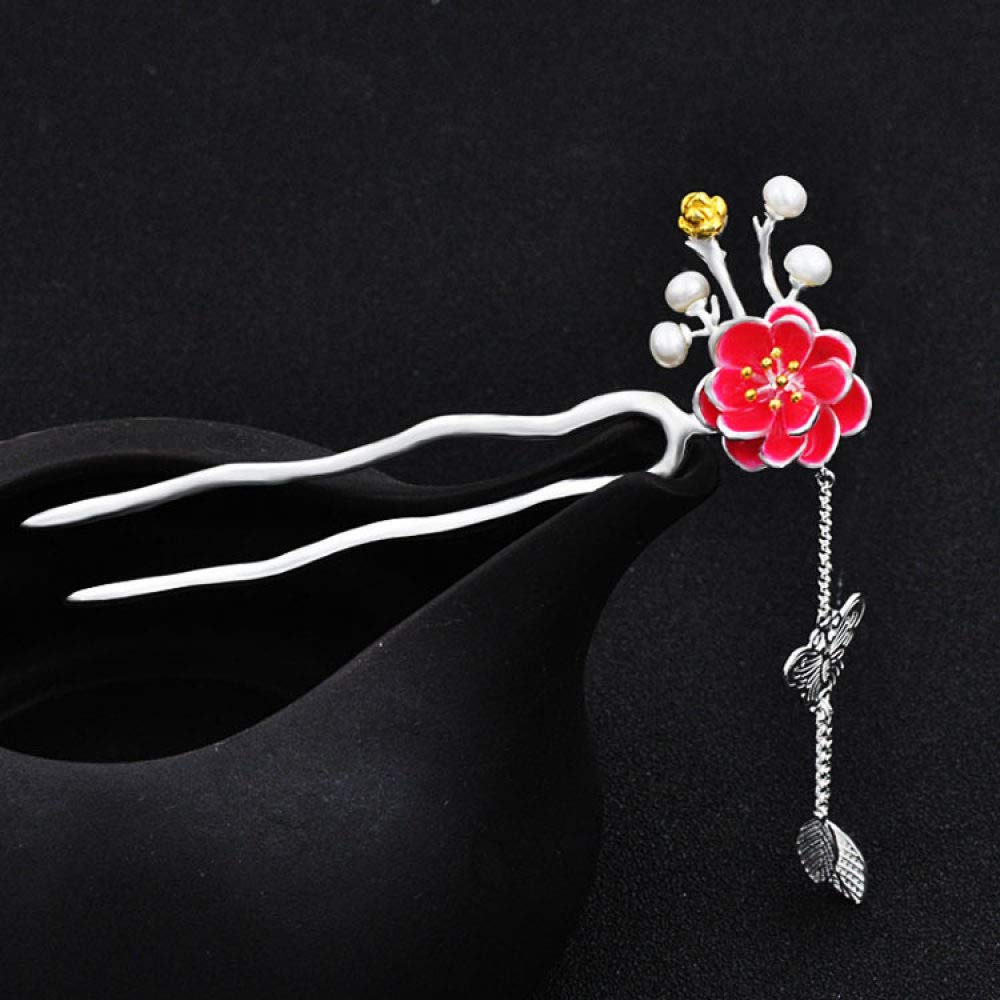 Gioielli per Capelli Cinesi, Bacchette for Capelli retrò a Forma di U in Argento 925 for Donna, 2 forcine for Capelli con Fiori di pesco, Perle Etniche, 2 Punte for Chignon.(Enamel Tassel)