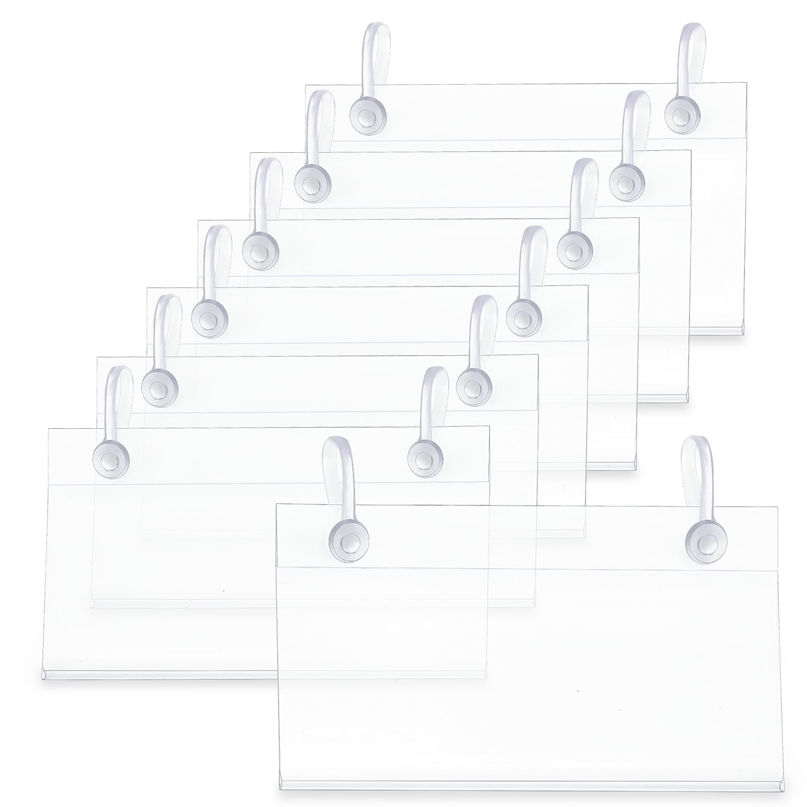 Seuqhck 100 Packs 10 X 5.7 cm Plastic Basket Label Holder, Wire Shelf Ticket Holder with Double Snap Lock Closure, Reusable Price Tag Holder for Supermarket, Pantry, Retail Shop, Warehouses