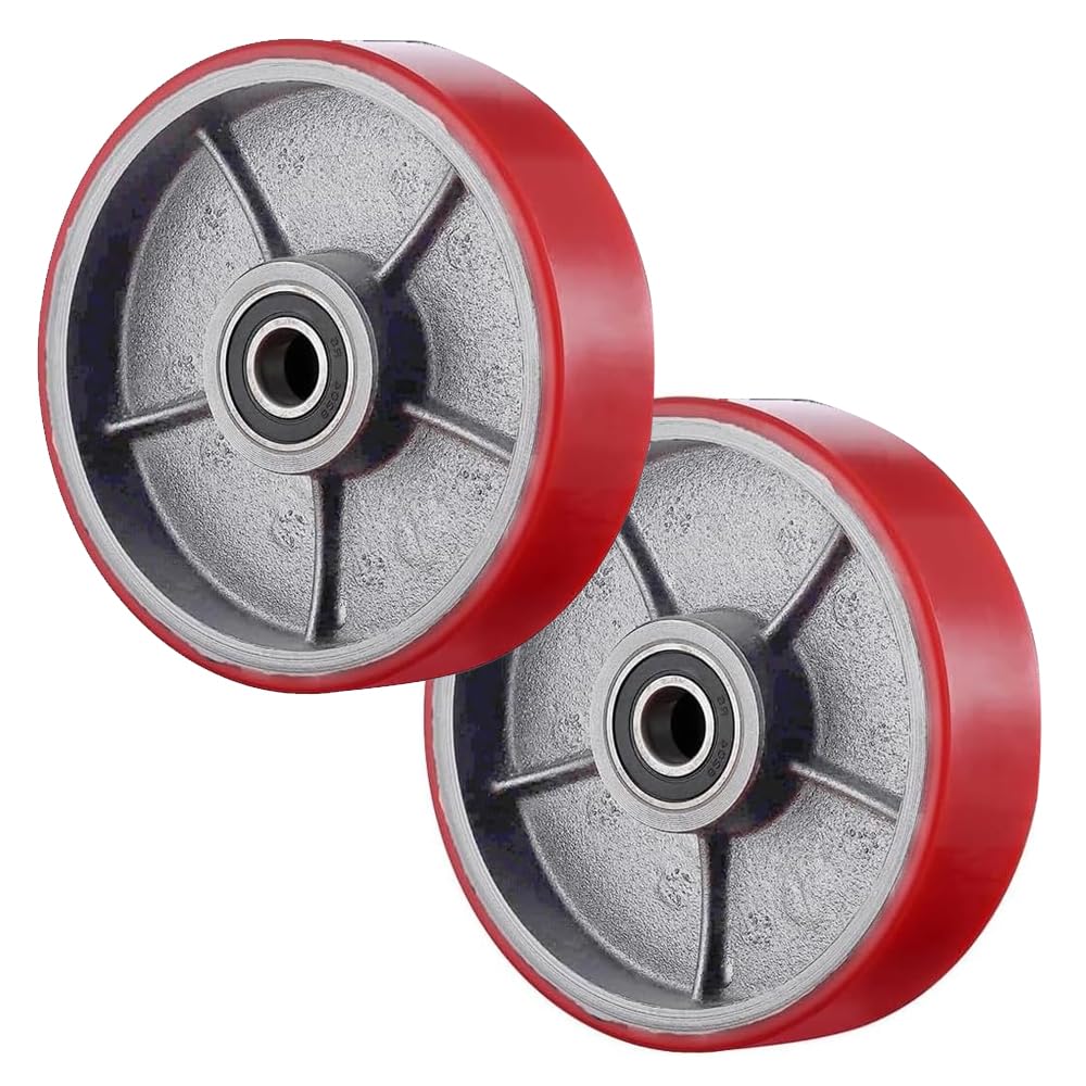 2 roues de chariot élévateur en polyuréthane 200x50 mm, roue de direction rouge, axe Ø 20 mm, y compris roulement à billes pour roues de rechange de chariot élévateur PLODAXE