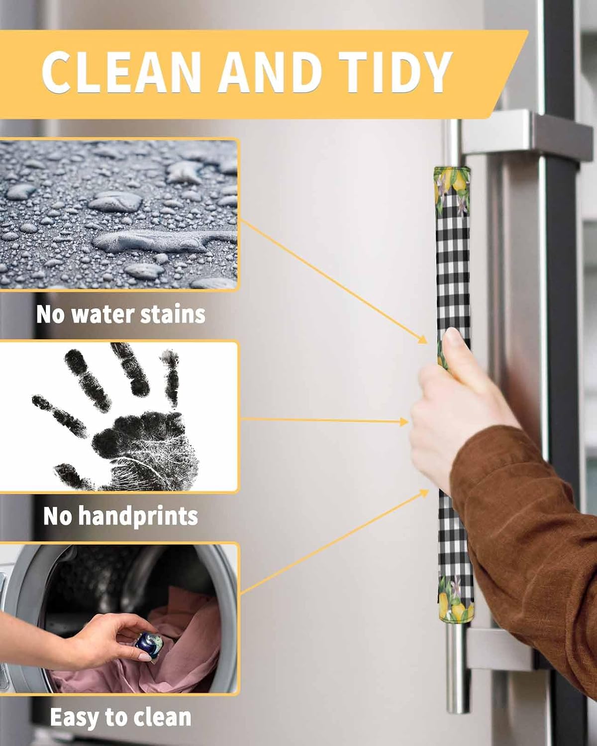 Summer Lemon Refrigerator Door Handle Covers Set of 2, Keep Kitchen Appliance Clean from Smudges, Fingerprint, Drips, Black White Checkered Yellow Fruit Decor Protector for Fridge