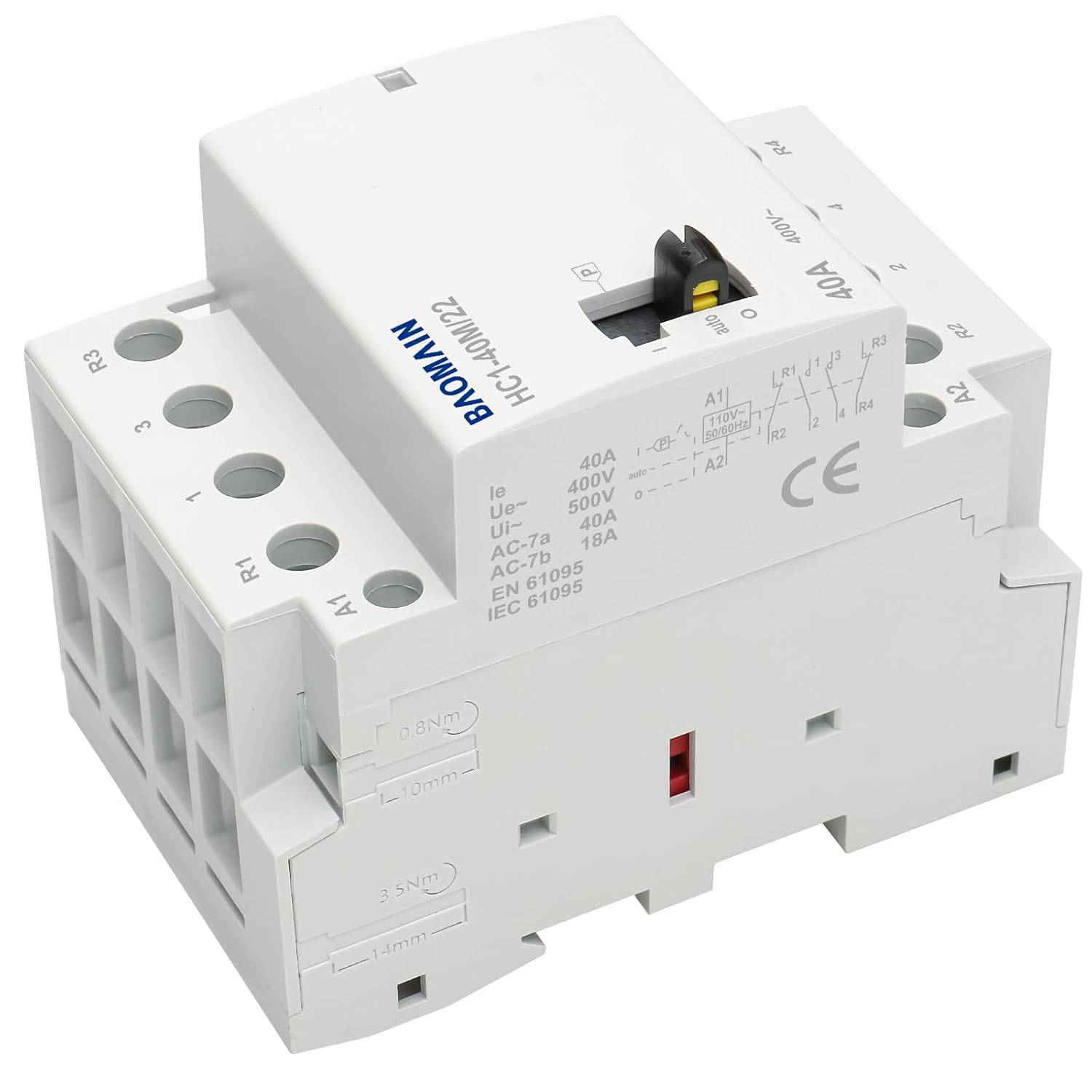 Baomain 110V AC 4-Pole Contactor, 40A 2NO2NC Normally Open + Normally Closed, DIN Rail Mount - Manual & Automatic Switchable for HVAC, Motor, Pump, Lighting HC1-40M/22-110VAC