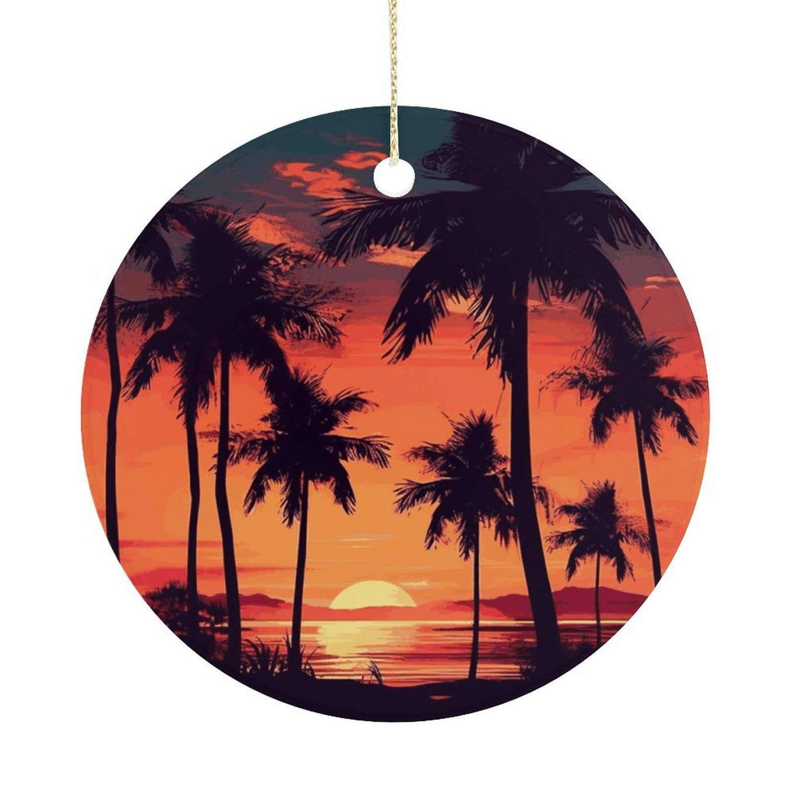 Palm Tree Summer Sunset Christmas Ornament,Round Ceramic Ornaments Personalized Christmas Tree Ornament for Holiday Porcelain Keepsake Gifts Ideas Home Decor