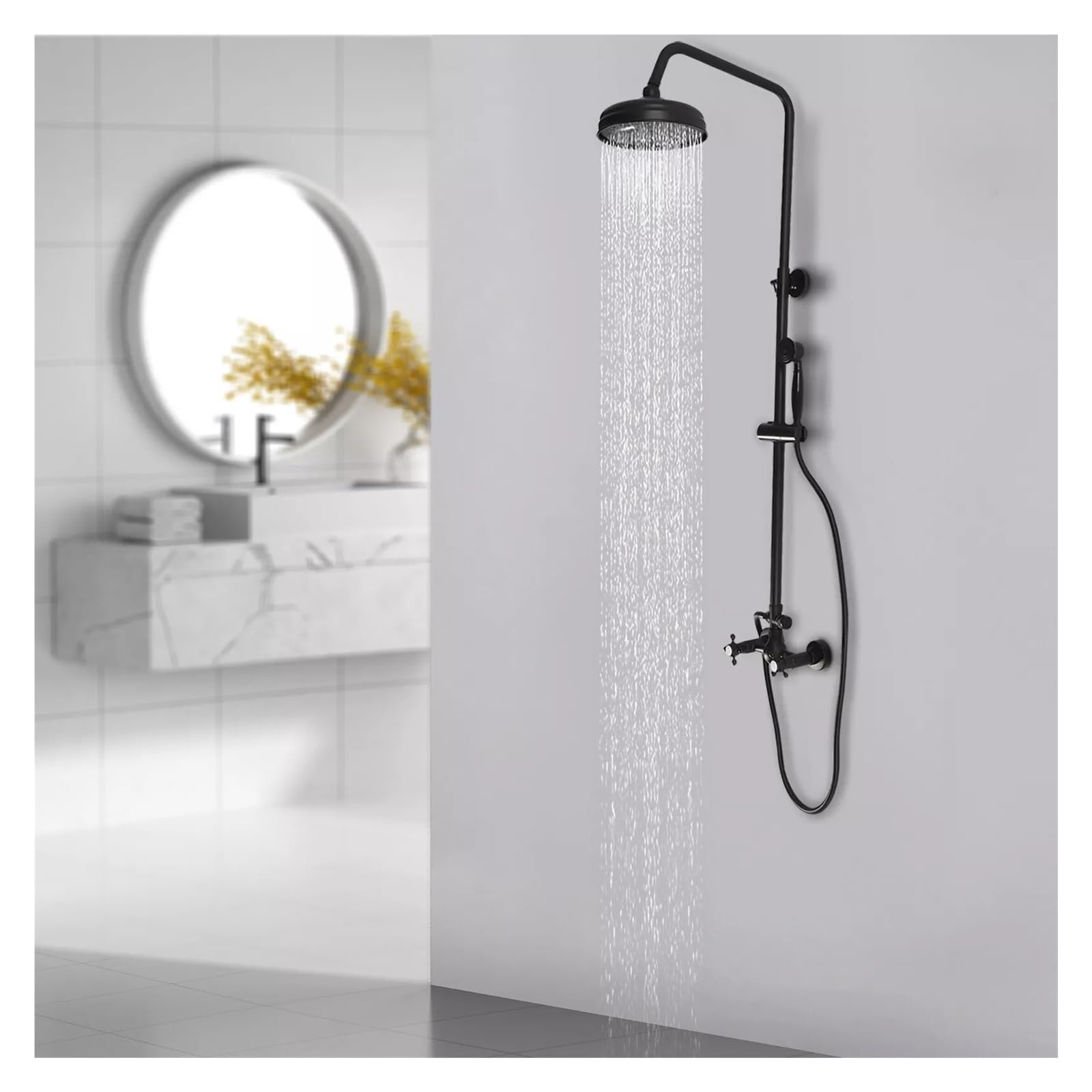 Manguera De Ducha Juego de grifo ducha pared 59", mano con perillas dobles, cabezal lluvia combinado, accesorios expuestos