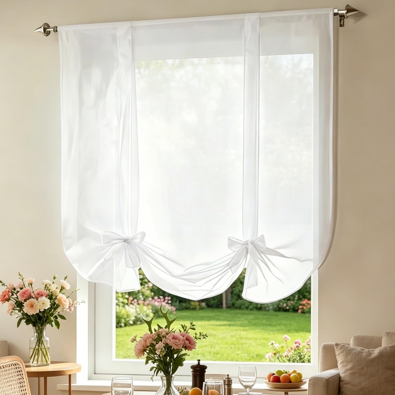1 Panel Light Filtering White Tie Up Sheer Voile Curtain Rod Pocket Top