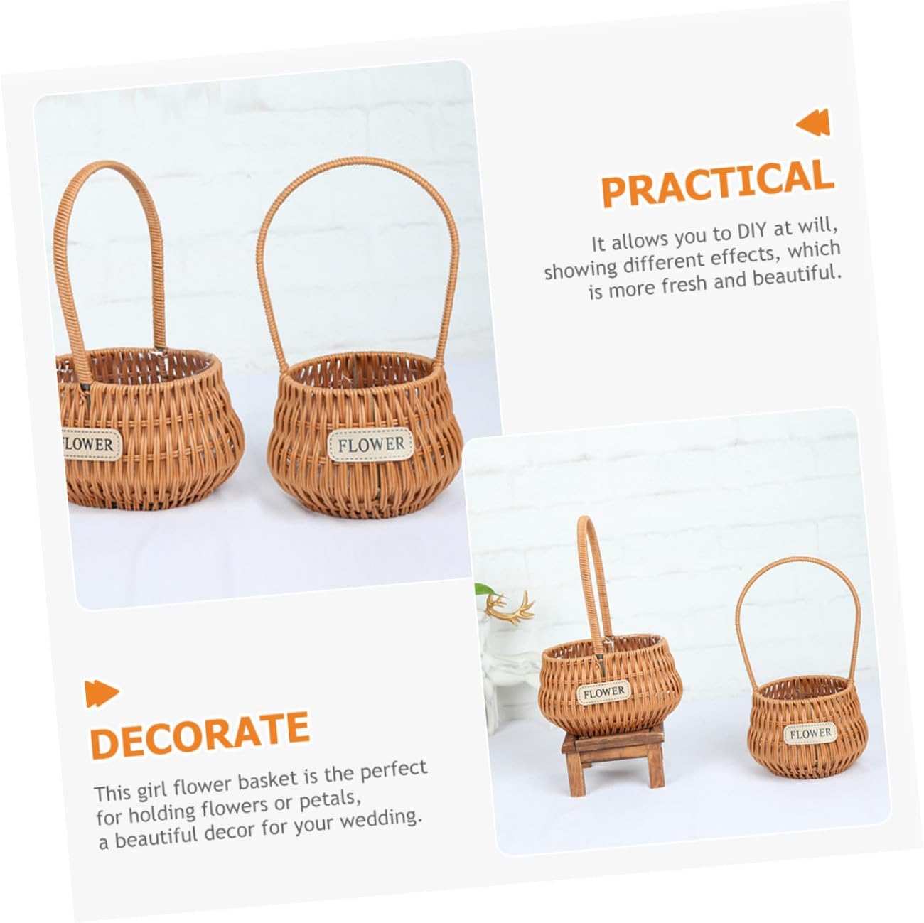 Zerodeko Woven Flower Basket with Handle Rustic Braided Faux Rattan Small Flower Girl Basket for Wedding Ceremony and Floral Arrangement, 1pcs