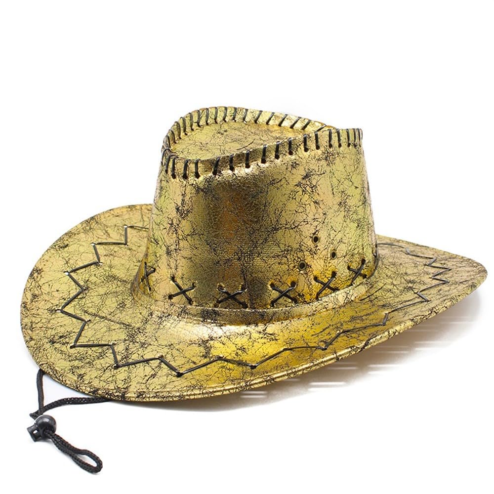 Komonee Western Cowboy Hat Gold Sun Cap Faux Felt Leather Suede Fancy Dress Party Costume Outfit Travel Outdoor Sun Protection Mens Womens