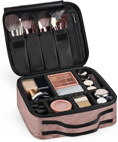 Miniatura 7 de Bolsa de maquillaje de viaje para mujer, grande, cuadrada, portátil, profesional, de tren de coqueta, estuche de cosméticos con asa, cuarzo rosa