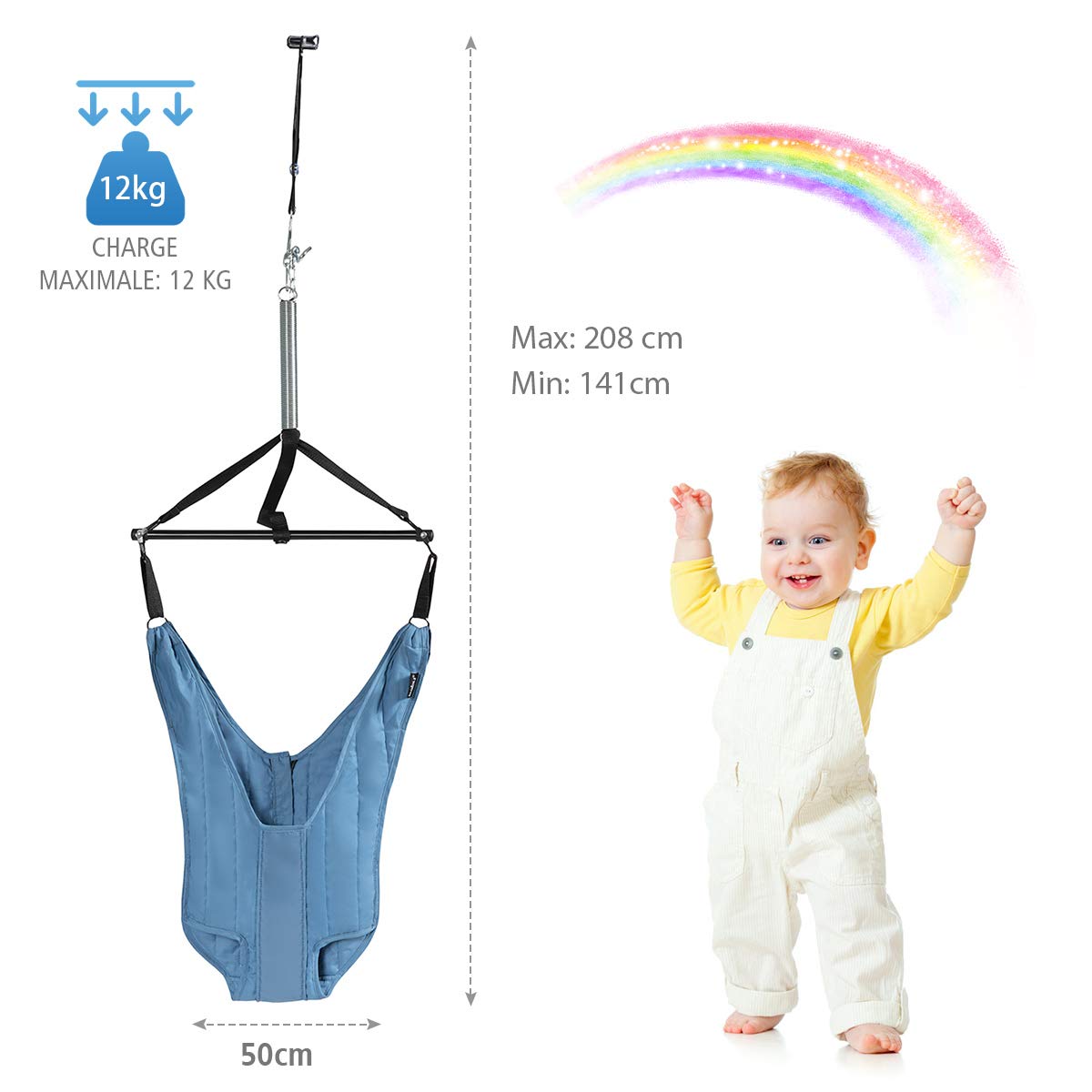 COSTWAY Siège Sauteur Suspendu Bébés de 6-12Mois avec Chaîne Réglable 29-93CM, Siège en Tissu TC avec Tube en Fer Charge Max. 12KG Bleu