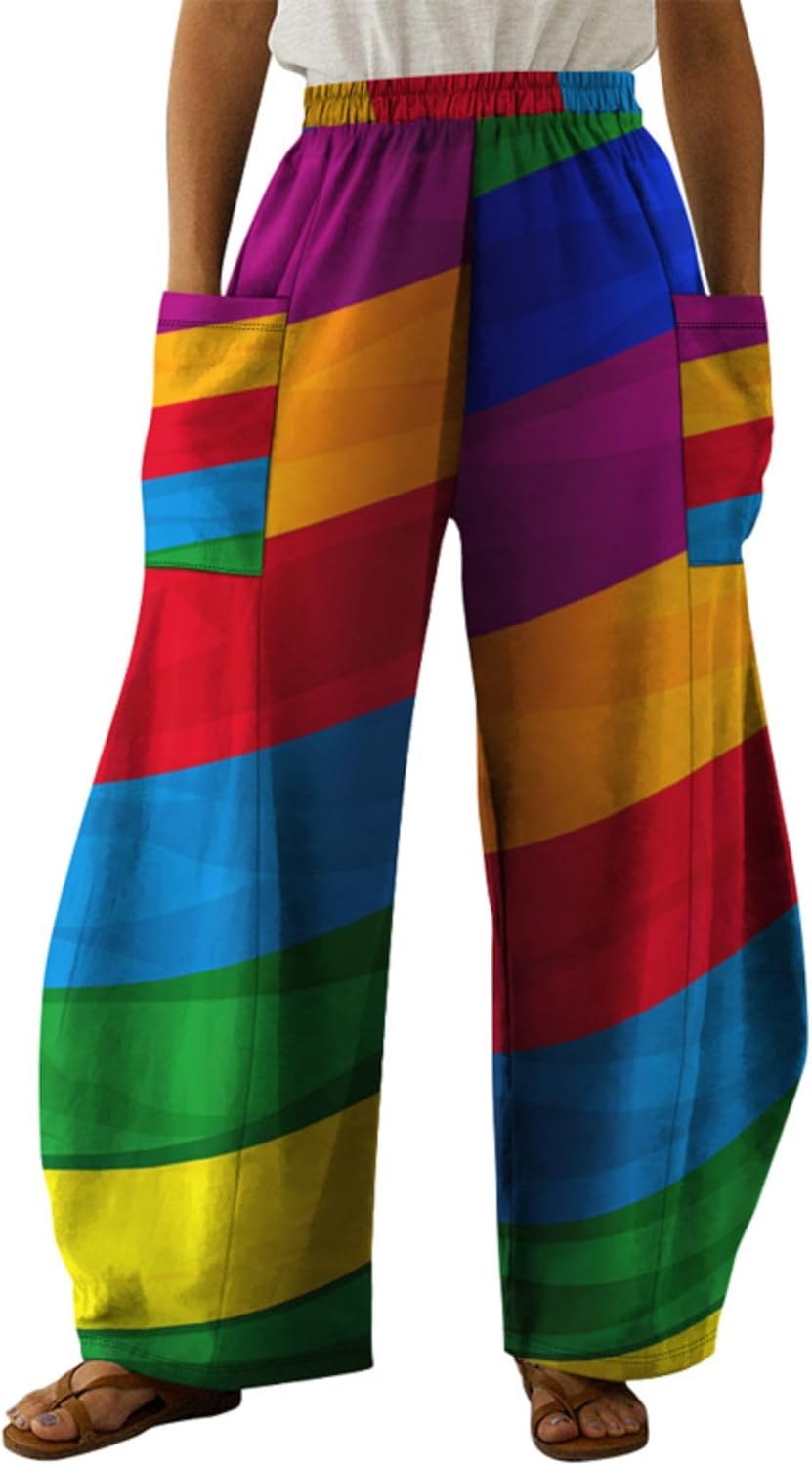 Women's Loose LGBT Gay Pride Rainbow Printed Harem Pants Hippie Palazzo Pants Boho Joggers Yoga Clothes