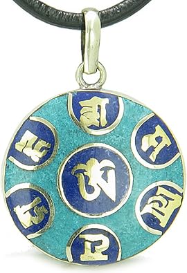 Amulet Tibetan Ancient Mantra OM Mani Padme Hum Magic Symbols Medallion Pendant Leather on Necklace