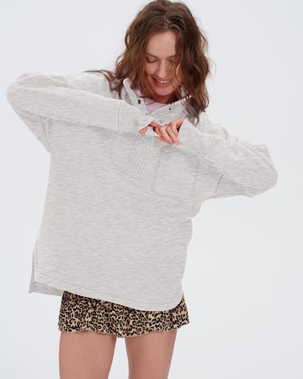 Locachy Womens Casual Oversized Sweatshirt Long Sleeve Button Henley Neck Pullover Tops Fashion Outfits Clothes Light Grey S by Locachy - Image 7