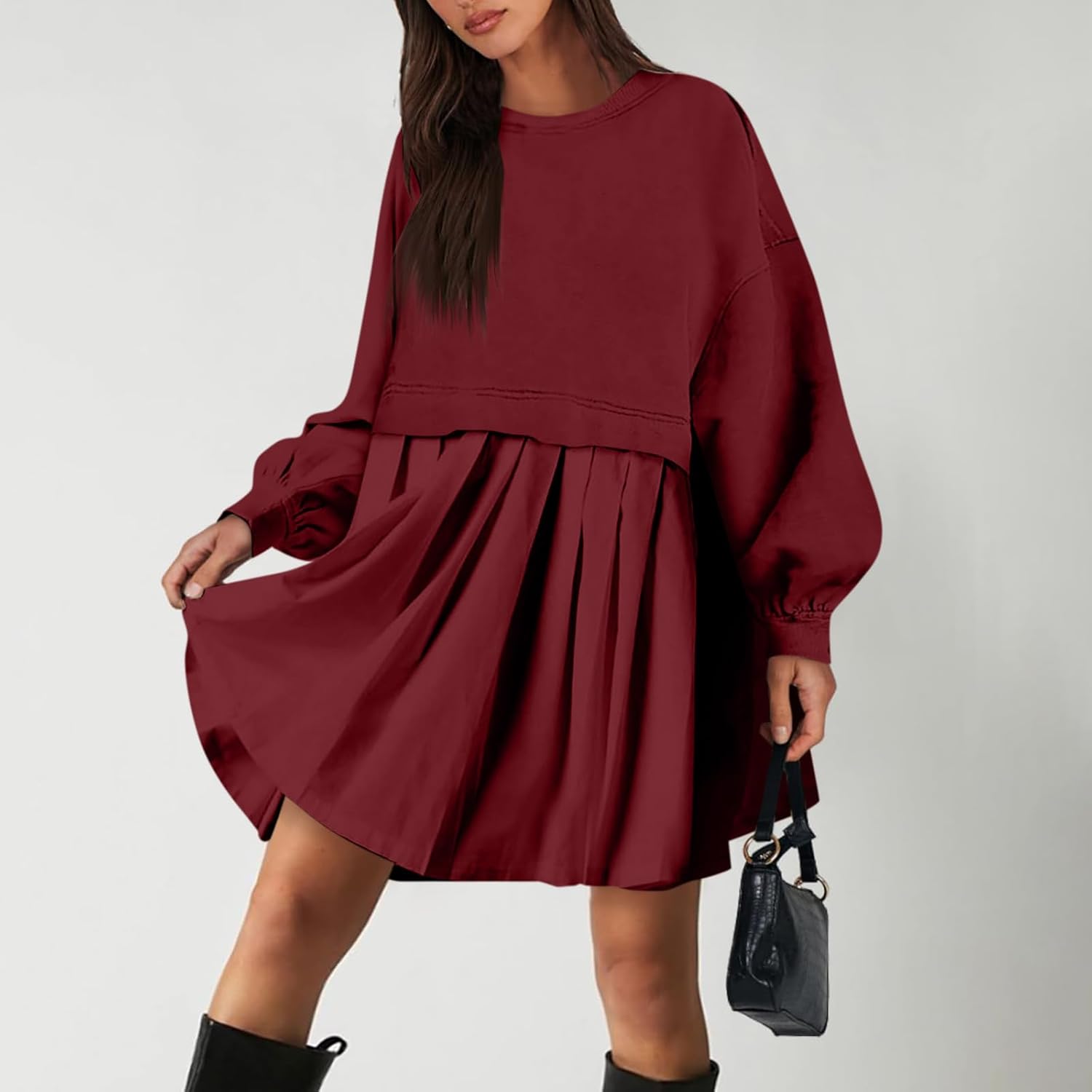 Women Oversized Sweatshirt Dress Long Sleeve Patchwork Crewneck Babydoll Pullover Flowy Pleated Layered Mini Dress - Image 5