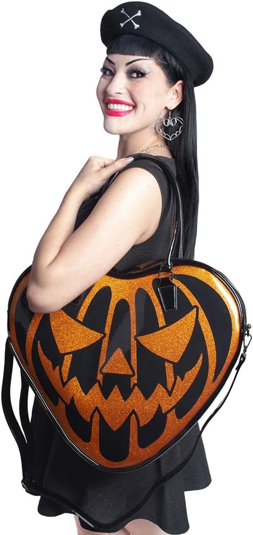 Jack-o-Lantern Face Bag Pumpkin Glitter Halloween Heart Handbag Large Purse Multicolor
