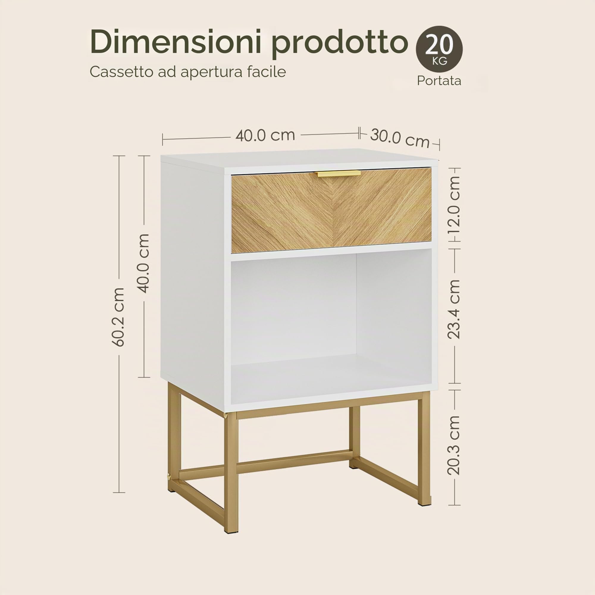 HEYZOEY Comodino moderno, bianco, 40,00 x 30,00 x 60,00 cm, con cassetto in rovere, per soggiorno, camera da letto, ufficio