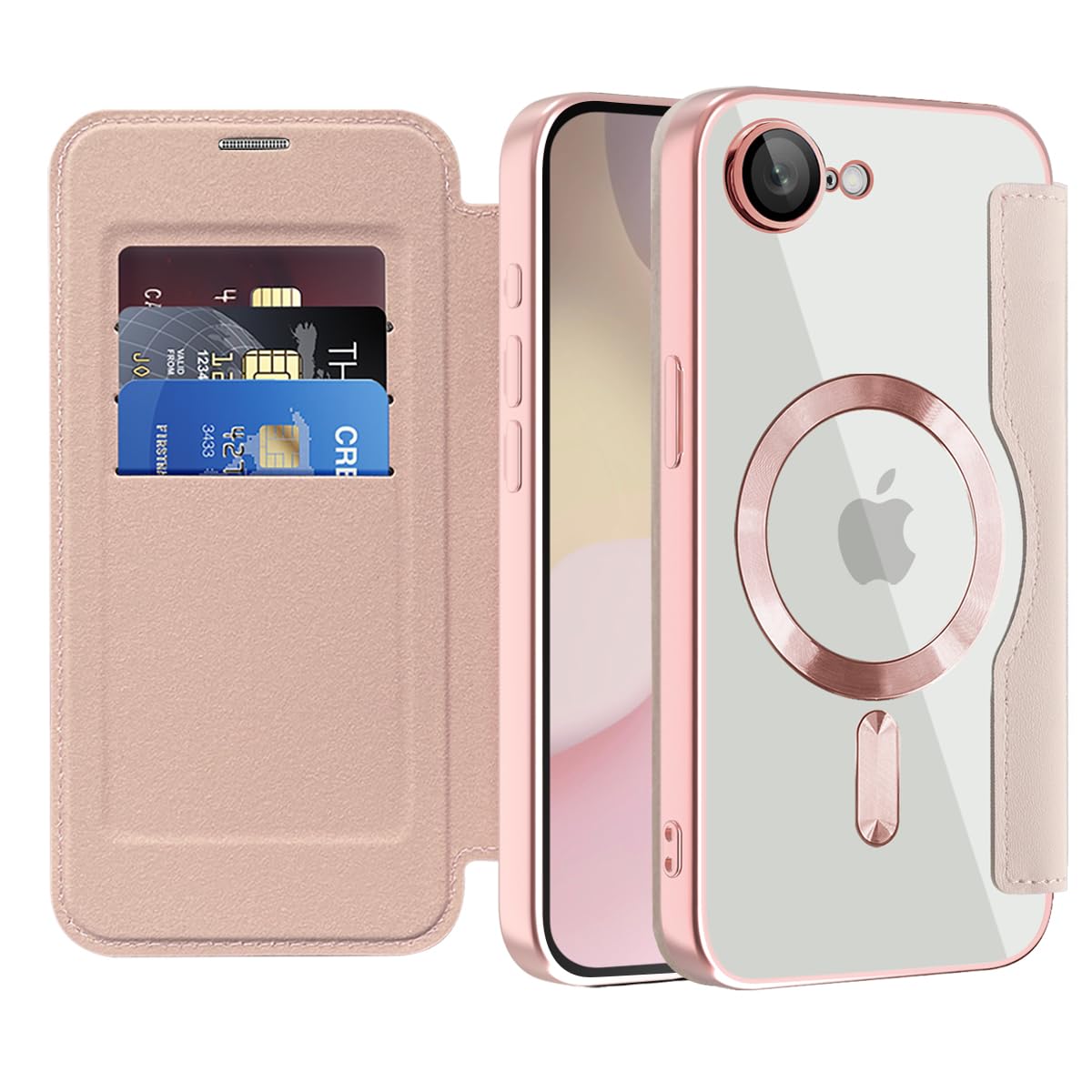 Coque Magnétique pour iPhone 16E / 17E Compatible avec MagSafe, RFID Blocage, Dos Transparente Antichoc Flip Étui en Cuir Portefeuille avec Cartes Housse Case pour iPhone 17E, Rose JD
