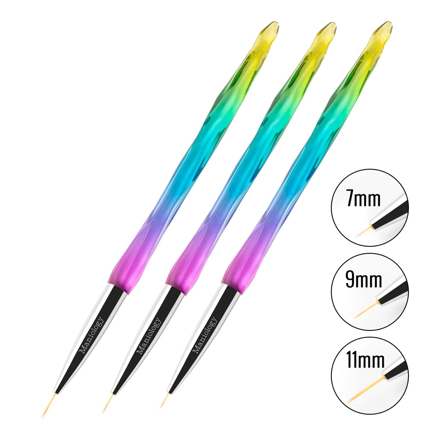 Maniology Detailing Brush Set | 3-Piece Precision Nail Art Tool Brushes with Gradient Rainbow Acrylic Handles for Fine Line Designs, Clean-Up & DIY Manicures