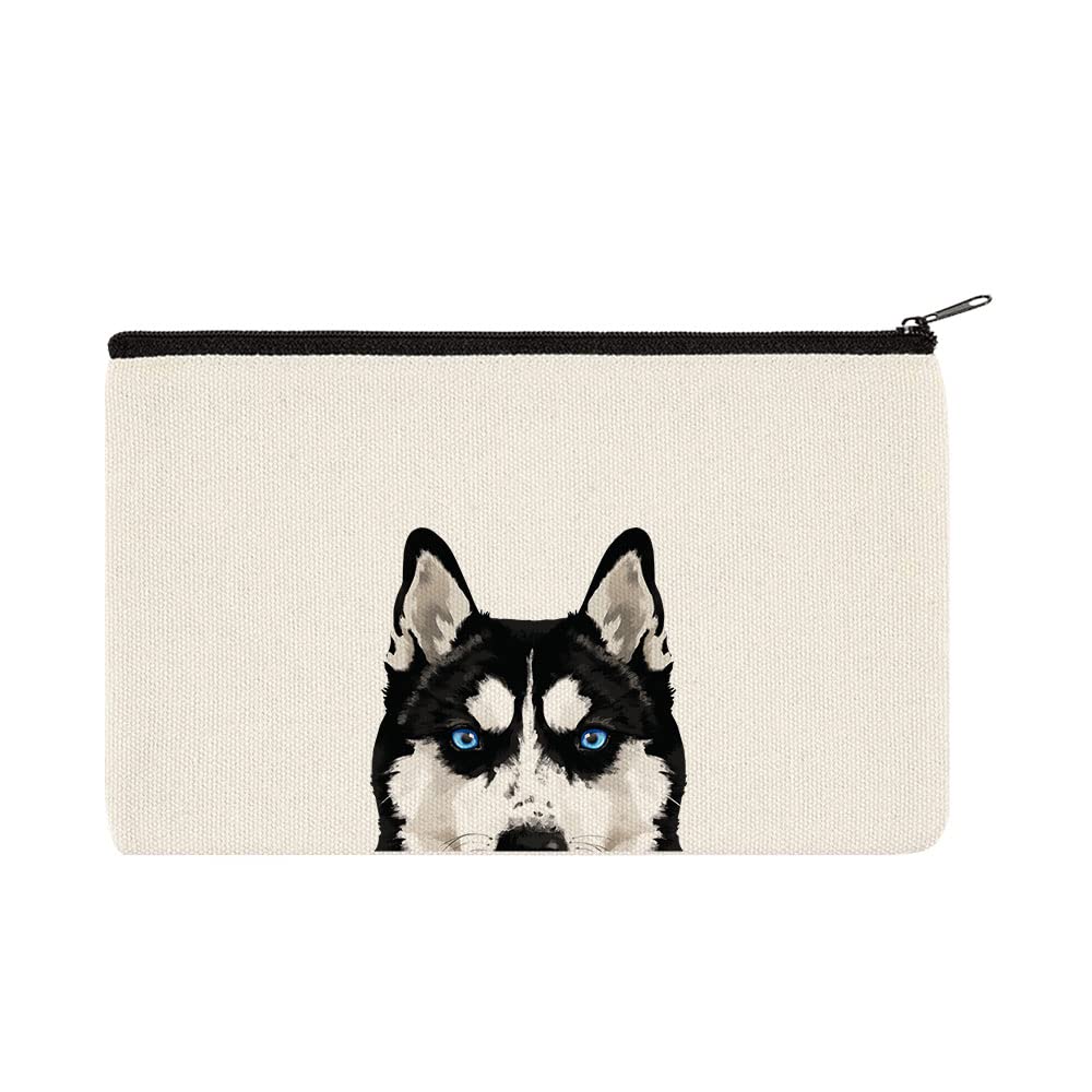 WIRESTER Canvas Zipper Makeup Bag, Cosmetic Pouch, Organizer Case for Women Girl, Multi-Purpose Travel Cosmetic Bag - Black Siberian Husky Dog