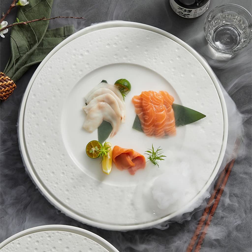 Plato Redondo de Sashimi de Hielo seco, Bandeja Creativa de cerámica para Sushi, Plato de mariscos, salmón, Plato de Cocina Molecular, Plato para Servir Aperitivos para e,White-S