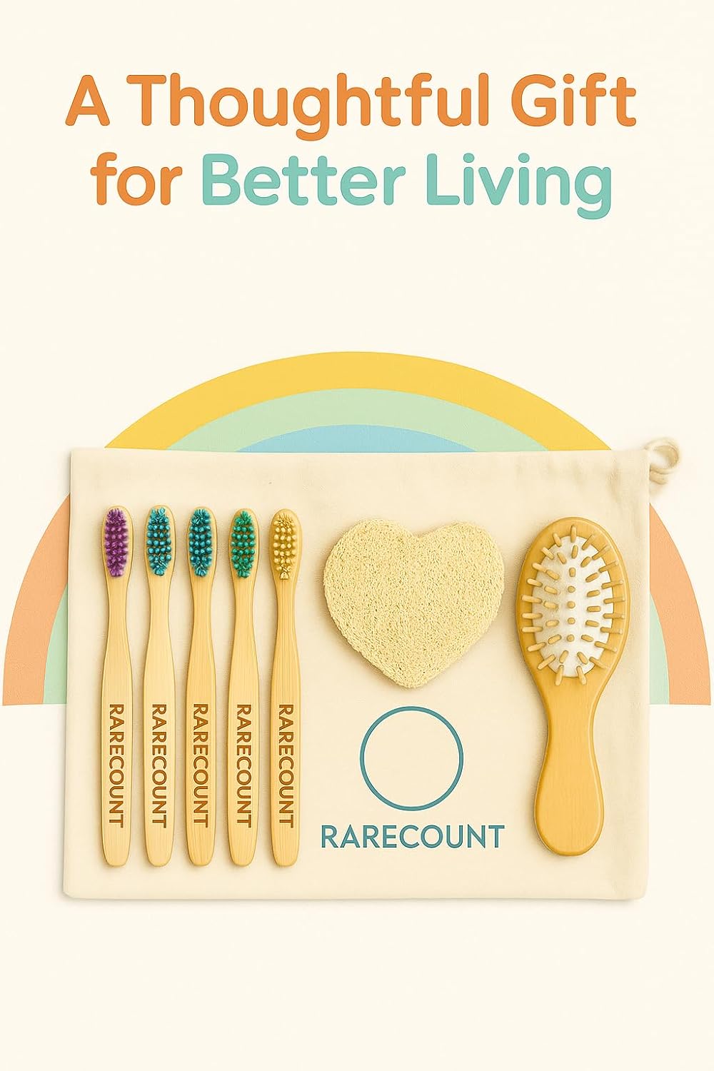 Kids Bath & Grooming Set – Wooden Baby Hair Brush + Soft Bamboo Kids Toothbrush + Heart Loofah | Natural Bath Kit for Toddlers & Kids