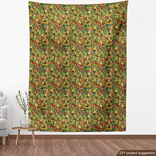Image of Ambesonne Mexican Fabric by The Yard, Cartoon Hand Drawn Style Doodles Latin American Style Colorful Culture Elements, Decorative Fabric for Upholstery and Home Accents, 2 Yards, Yellow Green