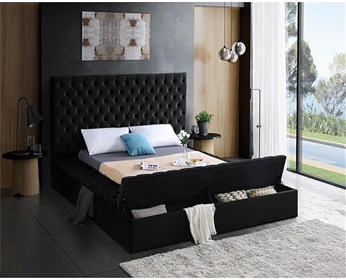 Miniatura 5 de Colección moderna Meridian Furniture Bliss, cama tapizada de terciopelo contemporánea con acolchado de botón profundo y compartimentos de Negro