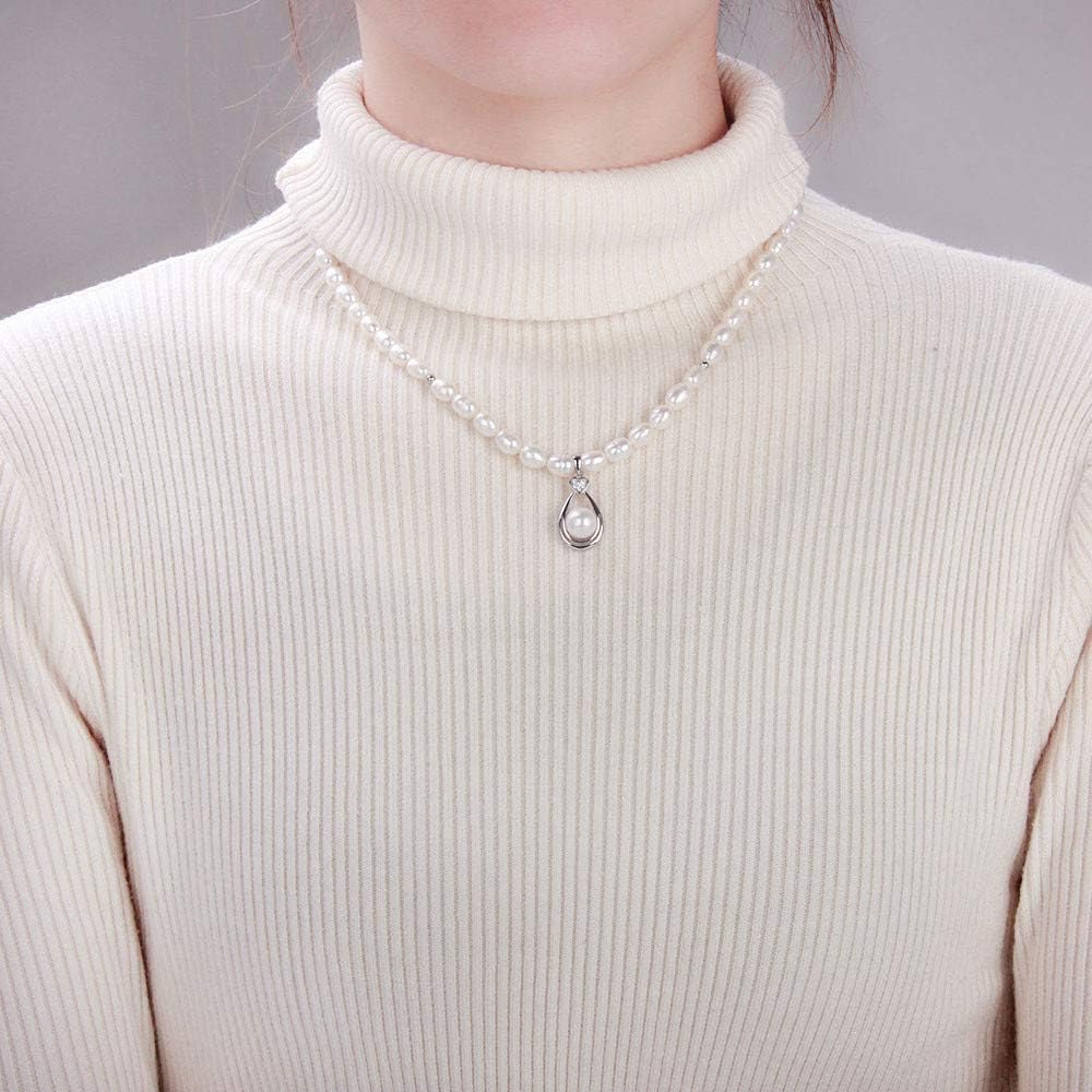 Sterling Silver CZ Waterdrop White Freshwater Cultured Pearl Necklace Baroque Pearl Handmade Strand Necklace for Women