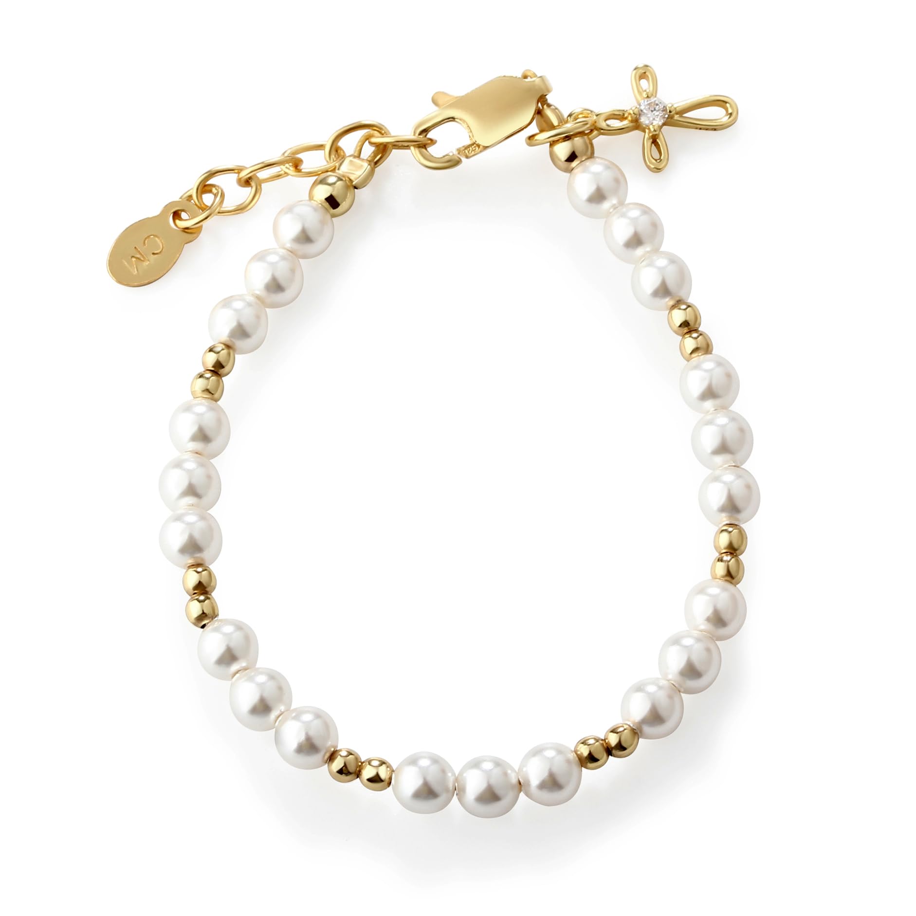 Children's 14K Gold-plated Bracelet and/or Necklace with Simulated Pearls and Cross Charm for Baptism, Christening or First Communion Gift for Girls
