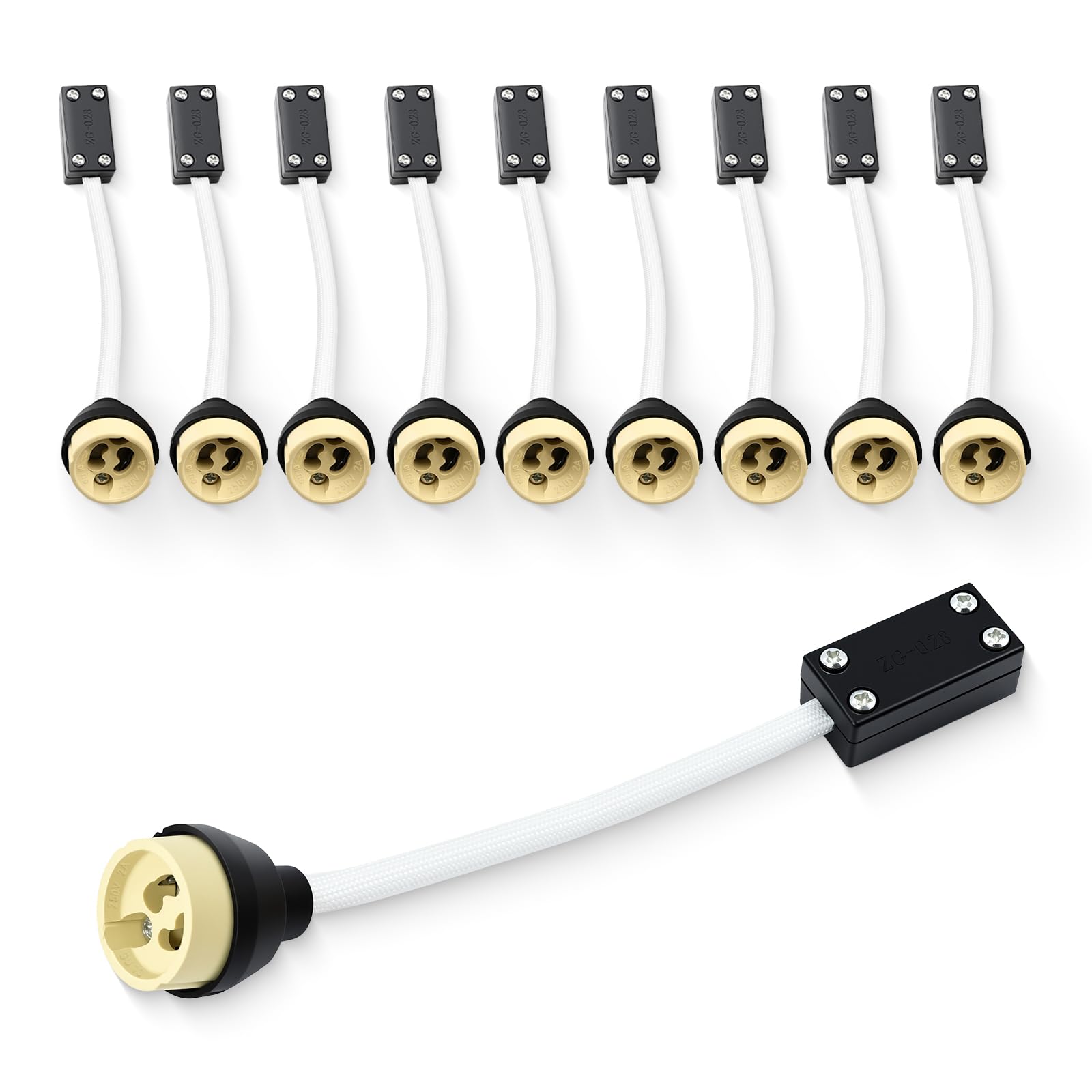 10 Pack GU10 Lamp Holder with 15cm Silicone Cable & Terminal Block Junction Box – Ceramic Base, White Insulated Tube, 250V, for LED & Halogen Bulbs, Spotlights, Downlights — image 1