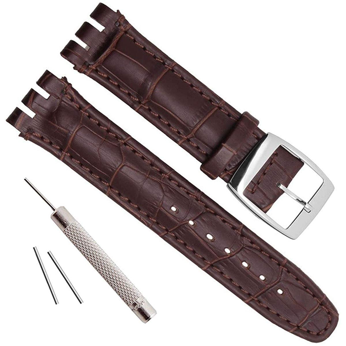 Alligator Grain Cow Leather Stainless Steel Buckle Watch Band Strap for Swatch 19mm Brown