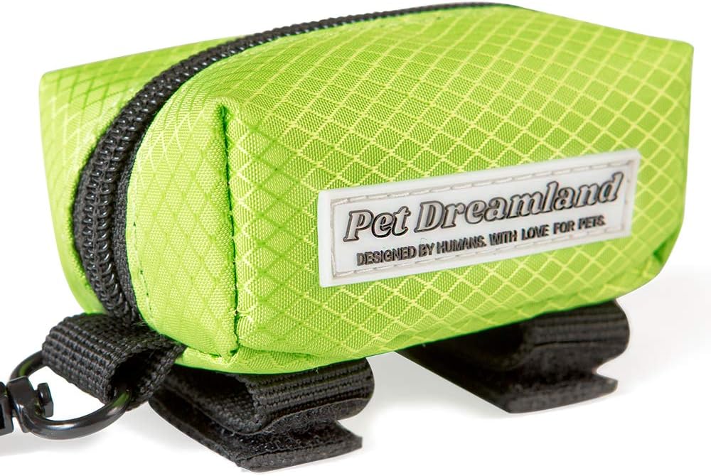 Pet DreamlandDog Waste Bag Dispenser - Poop Bag Dispenser for Leash - Includes one Free Roll of Doggie Poop Bags - Zippered Pouch, Hook&Loop Straps and Carabiner Clip for Easy Carry (Green)
