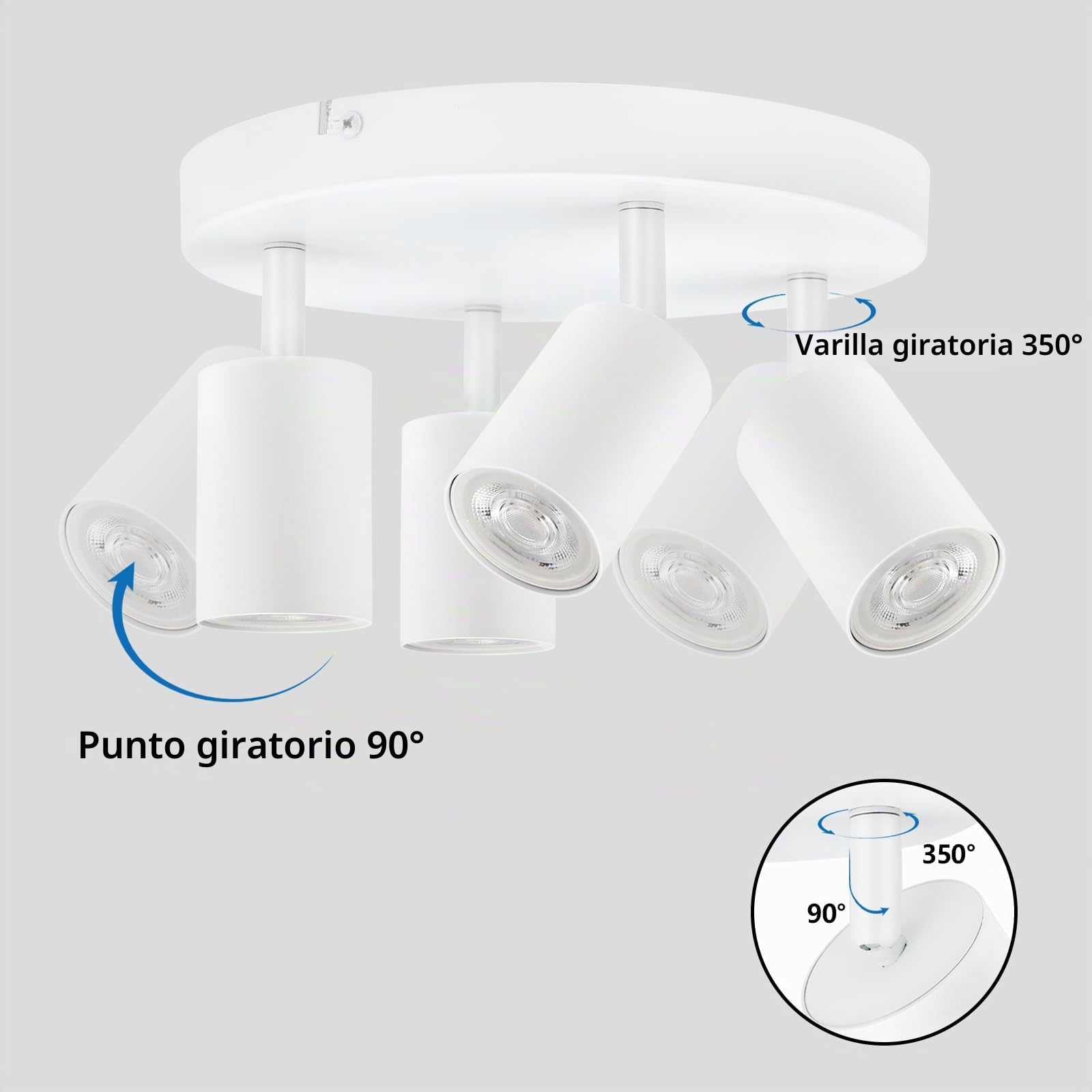 GU10 Lámpara de Techo con 4 Focos, Foco de Techo LED Ajustables y Giratorios, Plafón Moderno Blanco para Salon, Dormitorio, Sin Bombilla