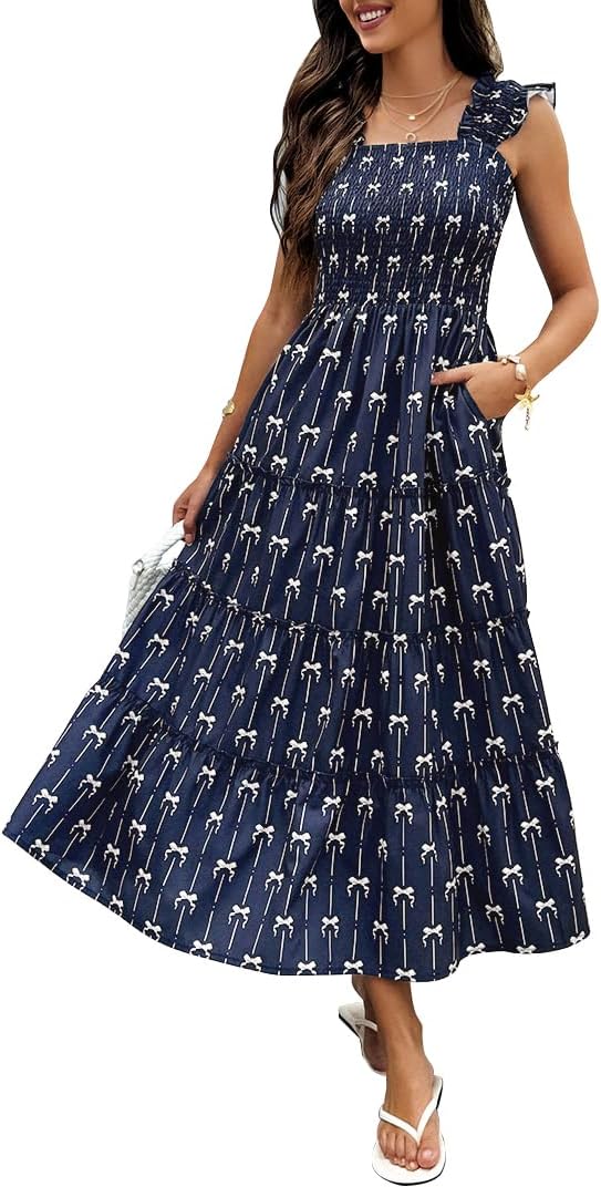 ECOWISH Women's Summer Maxi Dresses - 2026 Sleeveless Square Neck Ruffle Strap Smocked Flowy A Line Beach Vacation Sun Dress