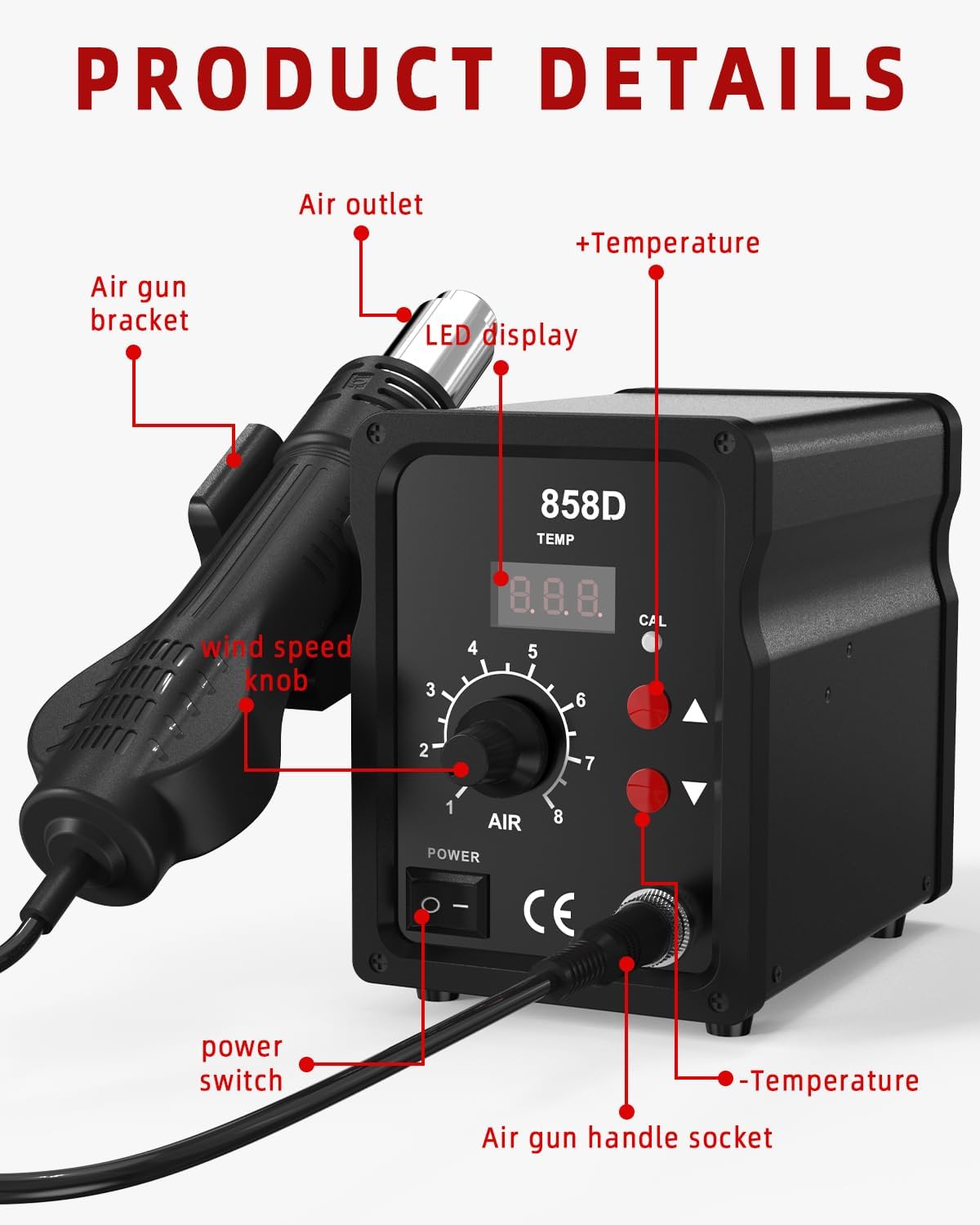 Stazione di saldatura ad aria calda 700W,858D Rework Station con Display LED 100-480°C,Stazione Saldante Aria Calda con 3 punte,2 rotoli di filo di saldatura,2 pinzette e un kit di strumenti.