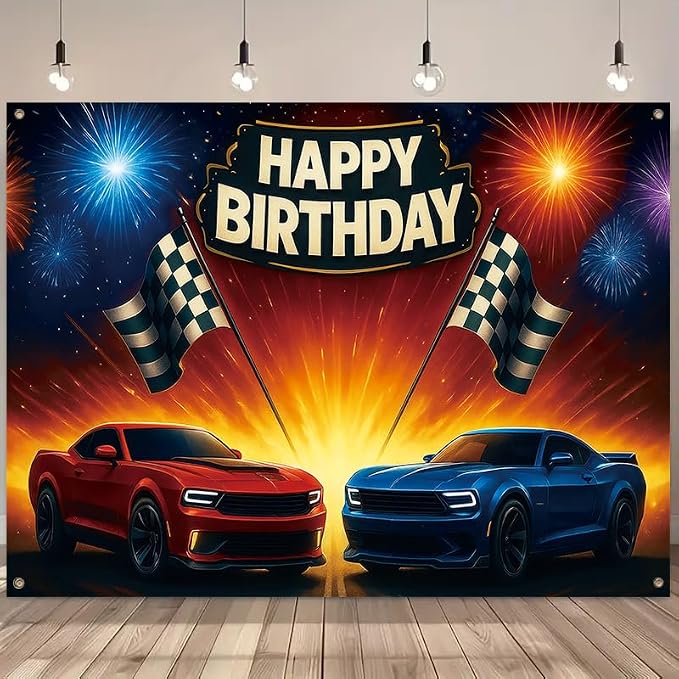 Cars Birthday Decorations Banner 71x43 Inch, Racing Car Theme Birthday Party Backdrop for Boys, Happy Birthday Party Supplies, Boys Racing Cars Photo Background image 2