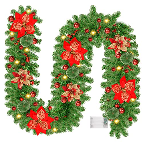 Ghirlanda Natalizia Con Luci LED Da 3 Metri, Pigne E Bacche Rosse, Batteria, Per Camino E Casa