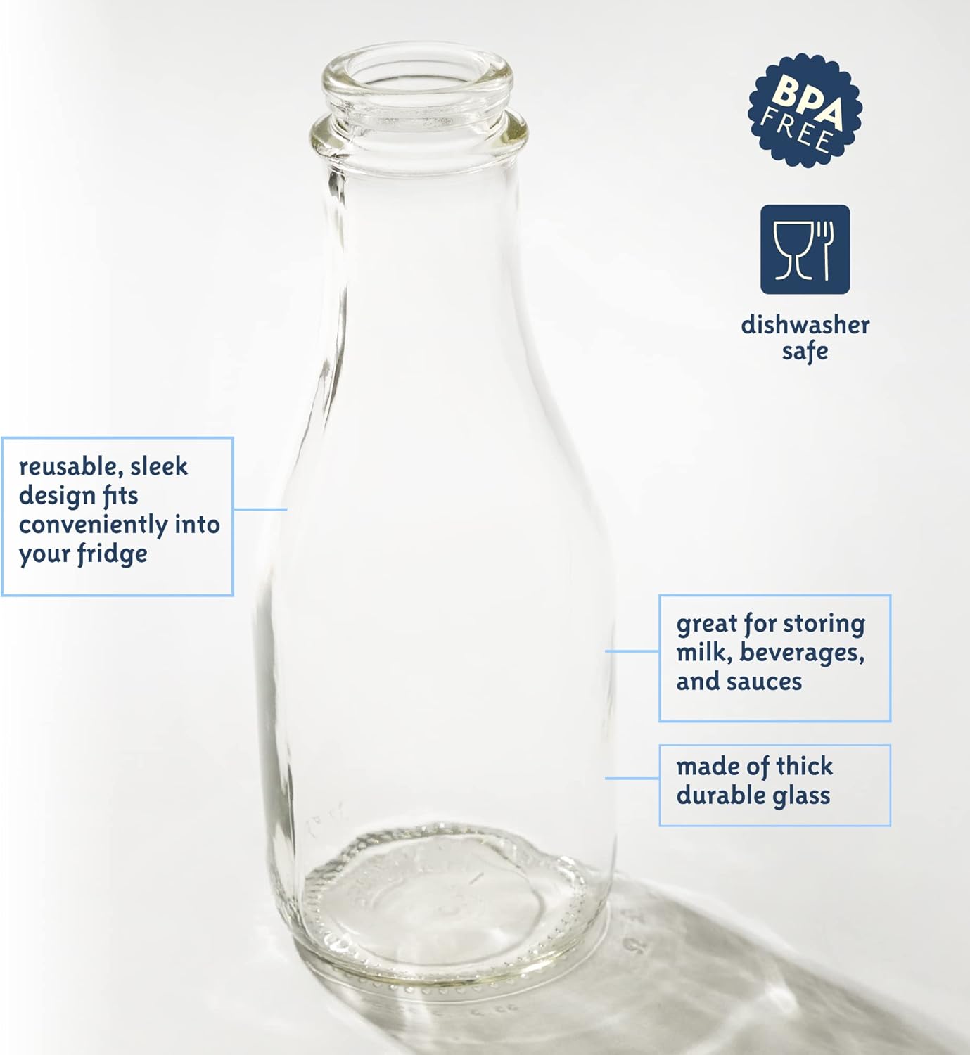kitchentoolz 32 Oz Round Glass Milk Bottle with Lids, Perfect Milk Container for Refrigerator 32 Ounce Round Glass Milk Carafe with Lid and Pour Spout -Made in USA Pack of 1