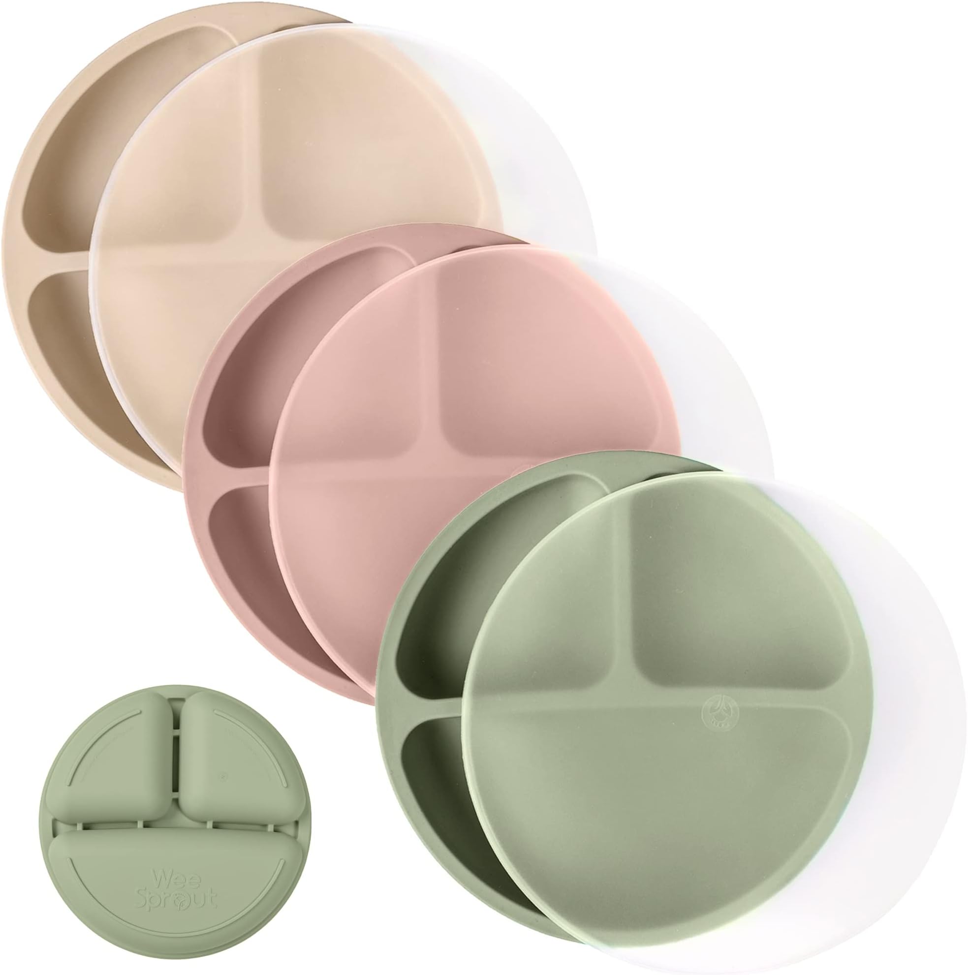 WeeSprout100% Silicone Plates with Lids for Toddlers - 3 Pc Set, Divided Baby Plates, Dishwasher & Microwave Friendly, Food Grade Silicone Kids Plates with Dividers