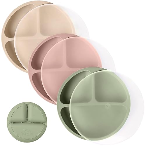 WeeSprout Platos de silicona con tapas para bebés y niños pequeños (paquete de 3) platos 100% de grado alimenticio para autoalimentarse, diseño