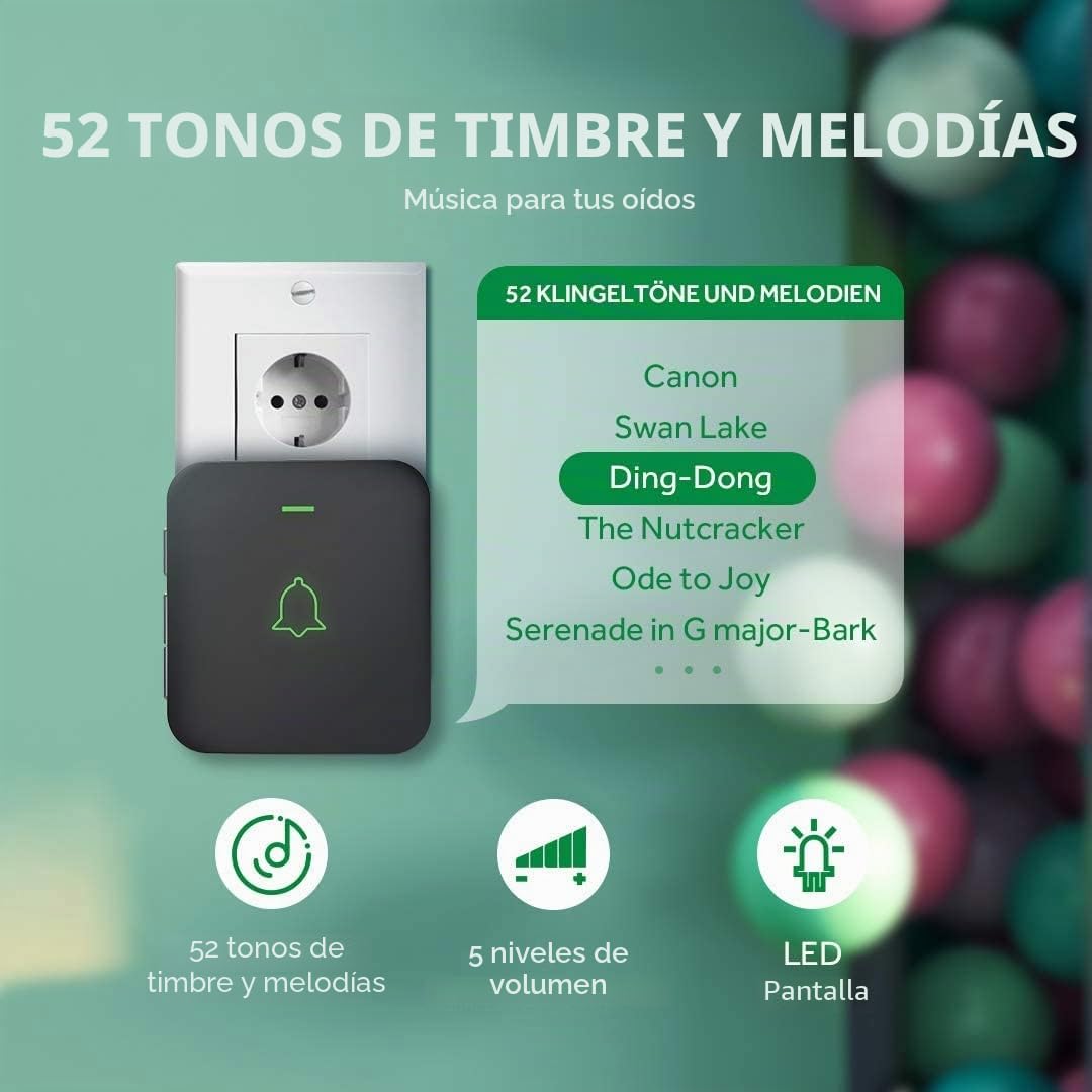 AVANTEK CB-11 - Timbre inalámbrico para puerta (300 m, 52 melodías en 5 niveles, con indicador LED, receptor enchufable y fácil de enchufar en el enchufe)…