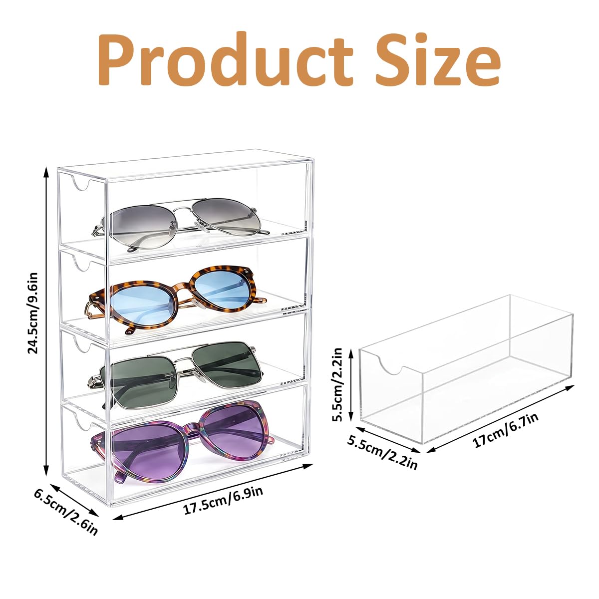 Organizador de Gafas de Sol Acrílico 24,5 x 17,5 x 6,5 cm Caja con 4 Cajones Transparente Apilable