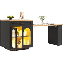 DRIXNO Modern Extendable Kitchen Island with LED Lighting, Freestanding Sideboard with 2 Drawers, Adjustable Shelves & Fluted Glass Doors, 126-196cm MDF Countertop for Dining Room, Black