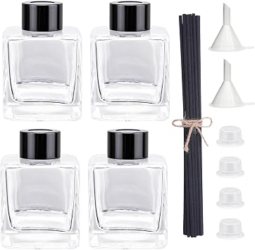 4PCS Glass Diffuser Bottles, Refillable Square Shape With 20pcs Reeds Sticks, Black Caps & Funnel, 4.05" High 200ml 7.05 fl oz. Jars for Home Oil Fragrance Decoration