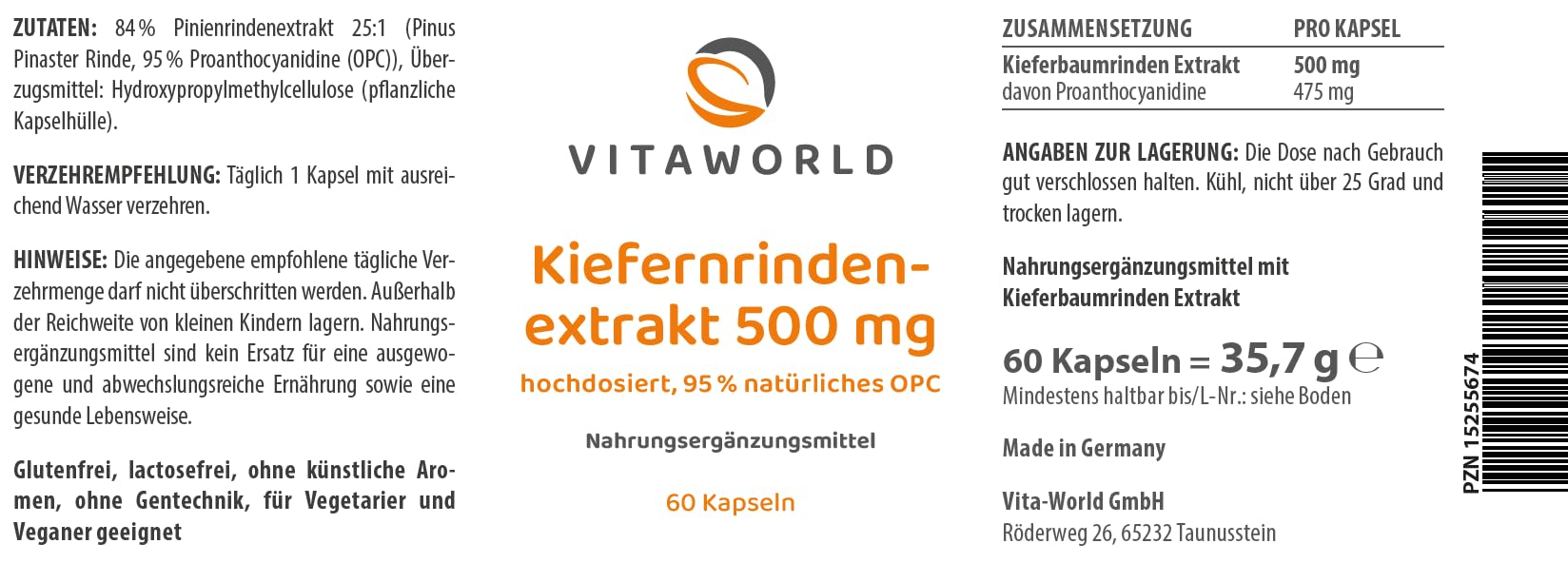 3er Pack Vita World Kiefernrindenextrakt 500 mg 3 x 60 Kapseln Vegan Hochdosiert 95% natürliches OPC Apotheker-Herstellung