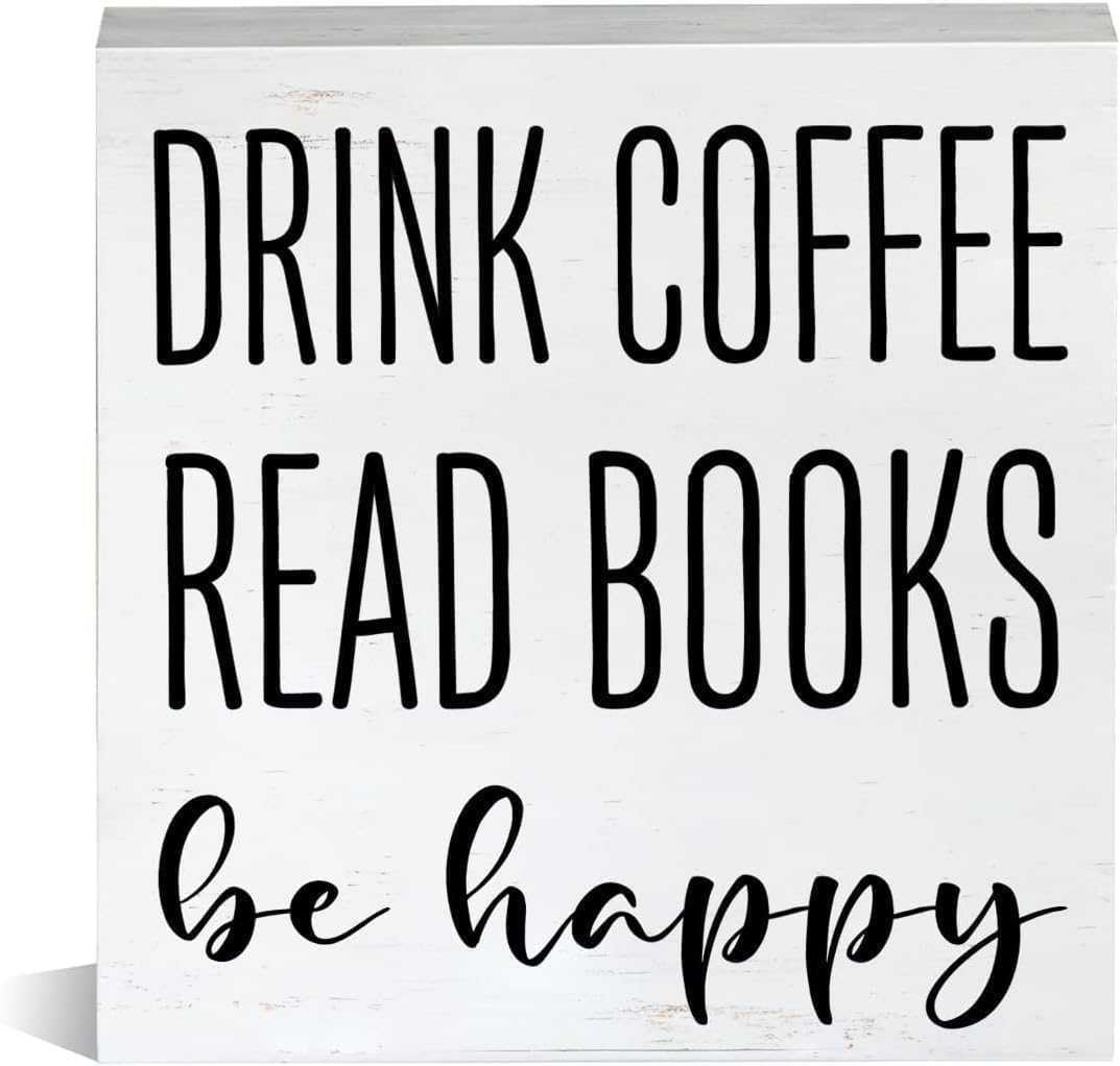 Drink Coffee Read Books Wooden Box Sign 5"x5", wood‑block plaque for bookish‑home shelf, desk, tabletop, farmhouse‑style ornament for coffee‑book fans