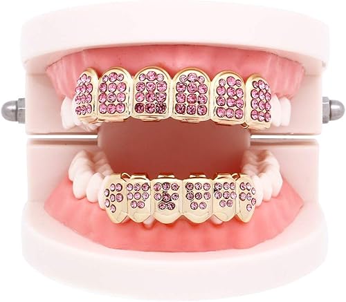 Miniatura 3 de CZ chapado en oro de 18 quilates con diamantes de color rojo azul y rosa en la parte superior e inferior de las parrillas para tus dientes, hombres,