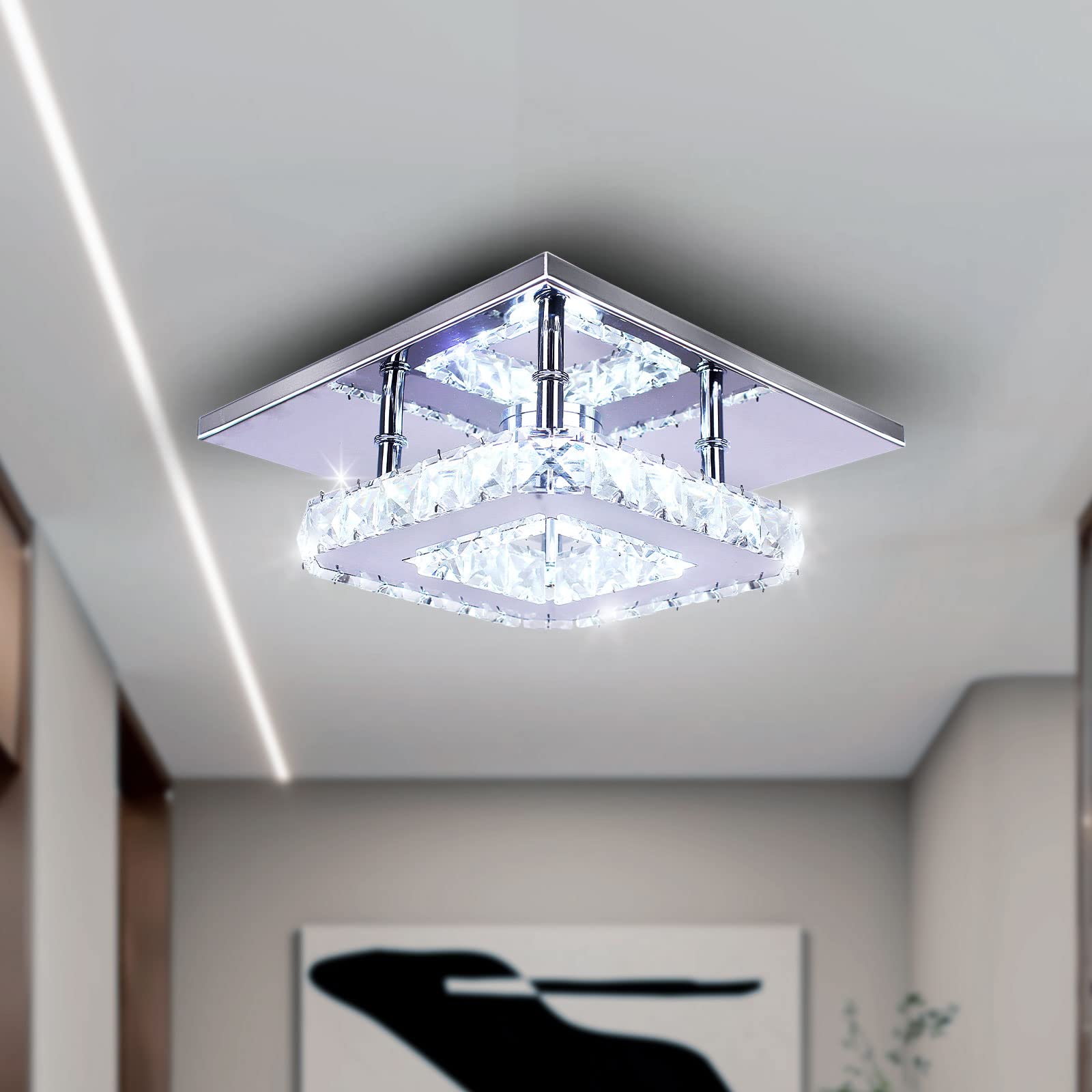 Mini Kristall Kronleuchter Kristall Deckenlampe Quadrat LED Pendelleuchte für Flur Treppe (kühl weiß)